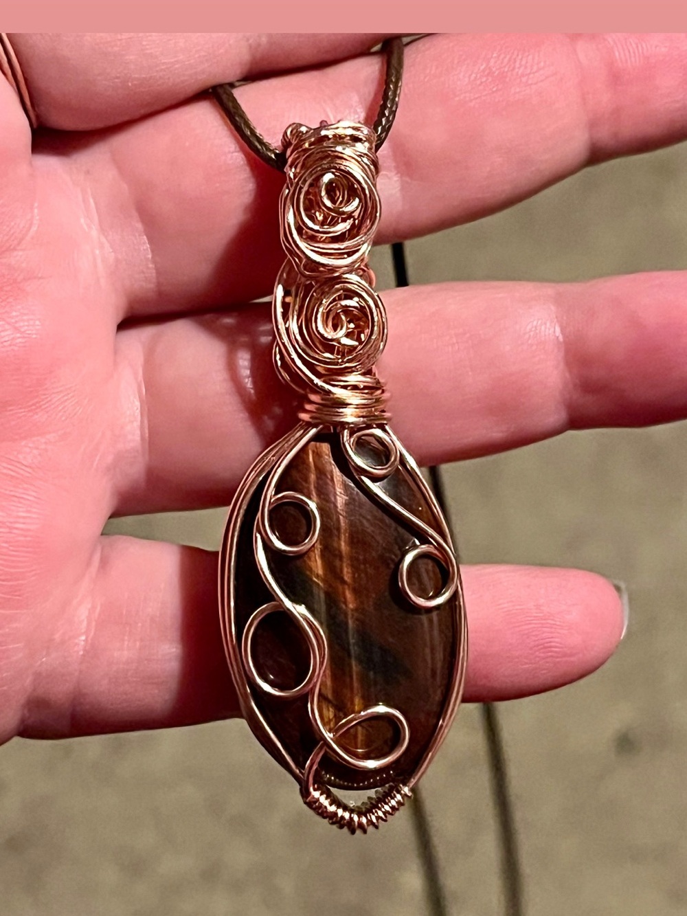 Handcrafted Copper Wire Wrapped Red Tiger Eye Pendant Necklace - Brown/Red